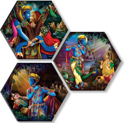 saf 17 inch Radha Krishna Set OF 3 Hexagon UV Textured Self adhesive Wall Painting Self Adhesive Sticker(Pack of 3)