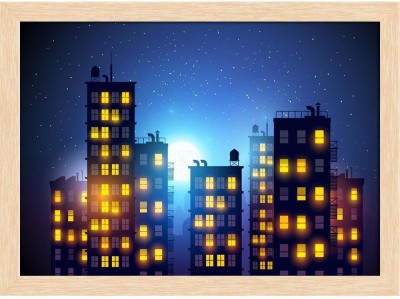 Artzfolio City At Night Canvas Painting Natural Brown Frame 19.4x14inch (49x36cms) Canvas 14 inch x 19.4 inch Painting(With Frame)