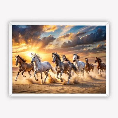 DECO THE HOME 7 Running Horses Vastu Wall Art Frame | Lucky Horse Painting for Home & Office Digital Reprint 12 inch x 9 inch Painting(With Frame)