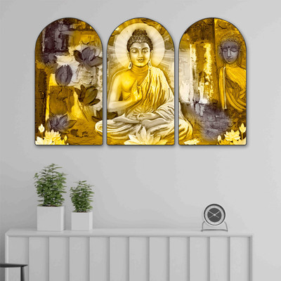 saf Golden Abstract Buddha Arch Shape Set of 3 MDF Framed Painting for Home & Office Digital Reprint 30 inch x 50 inch Painting(With Frame, Pack of 3)