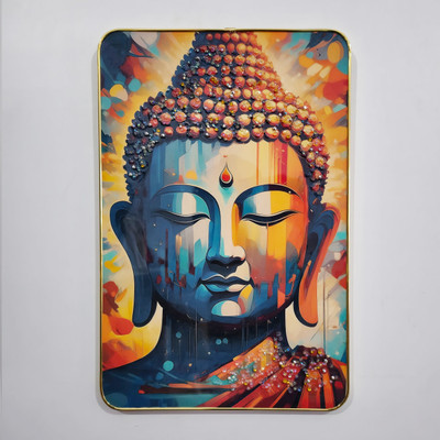 Masstone Buddha Face Crystal Embedded High Gloss Surface with Golden Slim Frame Embossed 18 inch x 12 inch Painting(With Frame)