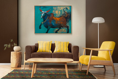 Dekozi POSTERWALA Elegent Brown Bull Abstract WallArt Canvas 12 inch x 18 inch Painting(With Frame)