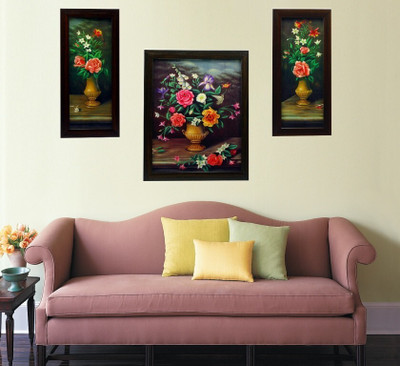 Indianara Flowers3 Ink 11 inch x 9 inch Painting(With Frame, Pack of 3)