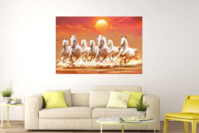 Masstone Vastu Seven Running Horses Sparkle Coated Self Adhesive Wallpaper Without Frame Digital Reprint 24 inch x 36 inch Painting(Without Frame)