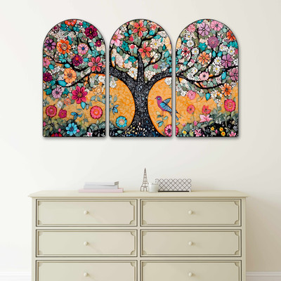saf Colorful Mosaic Floral Tree Wall Painting Set of 3 | Vibrant Nature Art on MDF Digital Reprint 20 inch x 30 inch Painting(With Frame, Pack of 3)