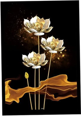 SINGH BROTHERS Golden Lotus Glow Abstract Floral Art Print A4 Size 10 x 13 Inch Digital Reprint 13 inch x 10 inch Painting(With Frame)