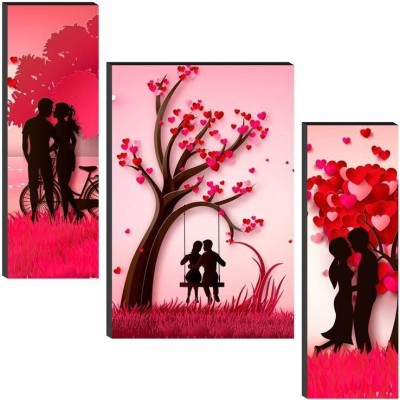 saf Love Couple Valentine UV Textured Self Adeshive Digital Reprint 18 inch x 12 inch Painting(Without Frame, Pack of 3)