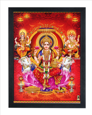 Chitransh Maa Lakshmi with Saraswati and Ganesh JI Diwali Pooja Wall Mounted Painting Digital Reprint 14 inch x 10 inch Painting(With Frame)