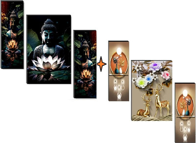 HALRE Set Of 2 Modern Art Deer With Lord Buddha Wall Paintings For Living Room Digital Reprint 12 inch x 18 inch Painting(Without Frame, Pack of 2)