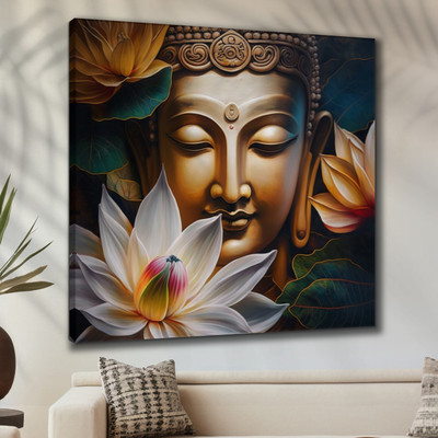 Aartify Golden Buddha with Lotus Framed Canvas Painting for Wall Decoration Canvas 20 inch x 20 inch Painting(With Frame)