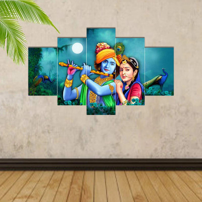 Masstone Radha Krishna with Flute wall painting for home decor | Frame for wall | 5 Panel Digital Reprint 17 inch x 30 inch Painting(With Frame, Pack of 5)