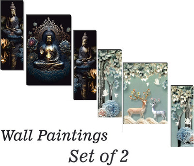 HALRE Set Of 2 Lord Buddha With DEER Modern Art Wall Painting For Living Room 3D Digital Reprint 12 inch x 18 inch Painting(Without Frame, Pack of 6)