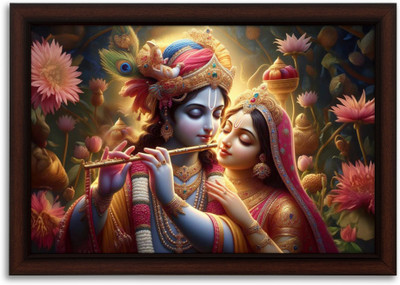 Masstone Radhe Krishna with Flute UV Textured Effect Framed HD Digital Reprint 14 inch x 20 inch Painting(With Frame)