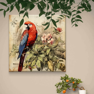 Aartify Red Parrot Botanical Canvas Painting – Framed Wall Art for Living Room Décor Canvas 20 inch x 20 inch Painting(With Frame)
