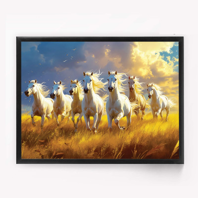DECO THE HOME 7 Running White Horses Vastu Art Frame | Symbol of Power, Success & Prosperity Digital Reprint 12 inch x 9 inch Painting(With Frame)