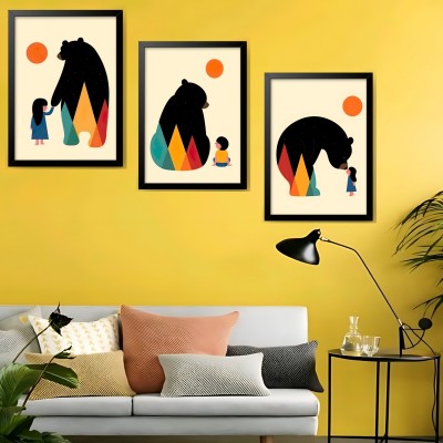 shree Ghanshyam handicraft Modern Art A4 size wall painting Bear with girl Digital Reprint 13 inch x 9 inch Painting(With Frame, Pack of 3)