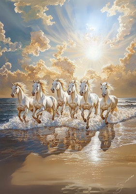 Meclay Arts Vastu Seven Horse Acrylic 14 inch x 10 inch Painting(With Frame)