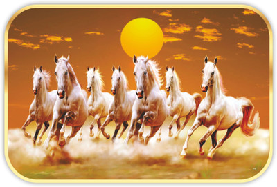 saf 7 Running Horses Sparkle lamination Round Golden Framed Large Painting Digital Reprint 14 inch x 20 inch Painting(With Frame)