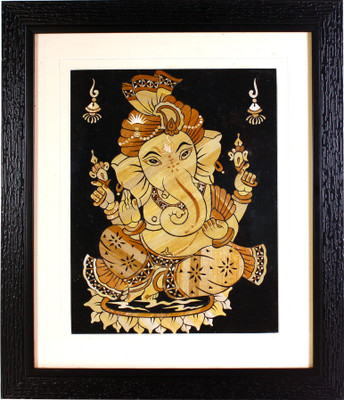 www.dhokrahandicrafts.com Straw Art of Lord Ganesha in Wooden Frame for Homes and Office Decor Natural Colors 14.5 inch x 12 inch Painting(With Frame)