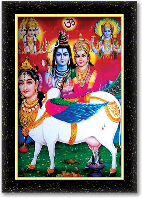 KSS KAMDHENU MATA SHIV JI PARVATI JI photo frame (Wood Base and Front Laminated) Acrylic 18 inch x 12 inch Painting(With Frame)