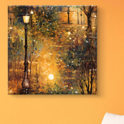 Aartify Golden Evening Street Lamp Canvas Painting – Framed Abstract Wall Art Décor Canvas 16 inch x 16 inch Painting(With Frame)