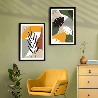 Ritwika's Set of 2 BOHO Style Botanical Split & Bamboo Orchid Leaves Framed Painting Digital Reprint 13.5 inch x 9.5 inch Painting(With Frame, Pack of 2)