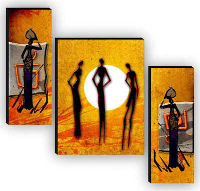 saf Modern African Tribal Women | Abstract Yellow & Black Ethnic Illustration Art Digital Reprint 12 inch x 20 inch Painting(Without Frame, Pack of 3)