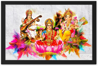 Ritwika's Lord Ganesha With Ma Laxmi & Saraswati Traditional Old Abstract Wall Art Framed Digital Reprint 9.5 inch x 0.5 inch Painting(With Frame)