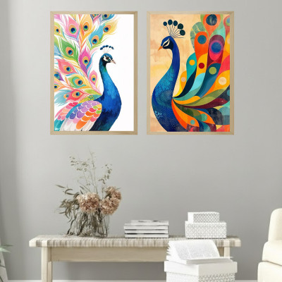 Tasvirra Vibrant Peacock Art Print - Colorful Abstract Wall Decor (Pack of 2) Digital Reprint 12 inch x 9 inch Painting(With Frame, Pack of 2)