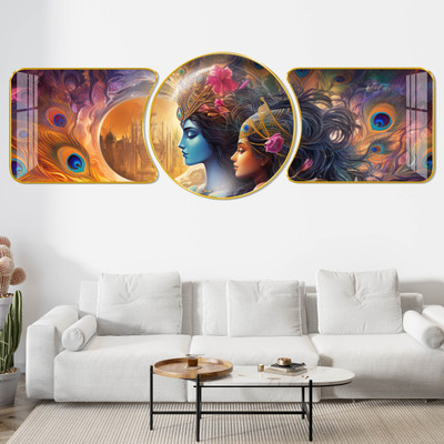 saf Radhe Krishna Sparkle lamination with Golden Slim Frame Embossed 48 inch x 16 inch Painting(With Frame, Pack of 3)