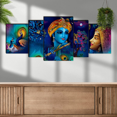 saf Radha Krishna Large Set of 5 Digital Reprint 18 inch x 42 inch Painting(Without Frame, Pack of 5)