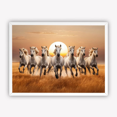 DECO THE HOME 7 White Horses Vastu Wall Art | Running Horses Painting with Rising Sun for Home Digital Reprint 16 inch x 12 inch Painting(With Frame)