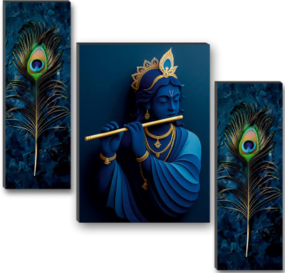 saw Krishna Flute Wall Painting | UV Textured | Spiritual Home & Bedroom Wall Art | Digital Reprint 18 inch x 12 inch Painting(Without Frame, Pack of 3)