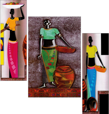 saf Ethnic Tribal Village Women Wall Painting | Colorful African Folk Art on MDF Digital Reprint 12 inch x 20 inch Painting(Without Frame, Pack of 3)