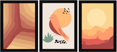 FRIZZY ARTS Abstract Sun and Bird wall art Digital Reprint 13 inch x 10 inch Painting(With Frame, Pack of 3)