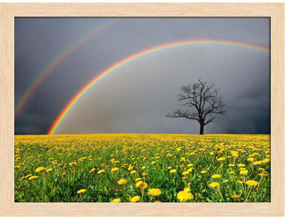 Artzfolio Dandelion Field & Dead Tree Canvas Painting Natural Brown Frame 16.2x12inch Canvas 12 inch x 16.2 inch Painting(With Frame)