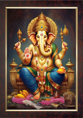 Dharvika Prime Ganapati/ganesha photo frame with sparkle coated lamination Digital Reprint 14 inch x 11 inch Painting(With Frame)