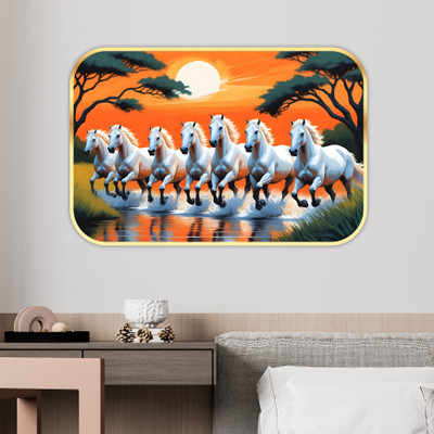 saf 7 Running Horses Sparkle Glossy Round Golden Framed Large Painting Digital Reprint 20 inch x 14 inch Painting(With Frame)
