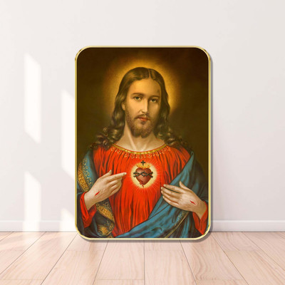 saf Sacred Heart of Jesus Wall Art – Religious Framed Painting for Prayer Room(Cyan)