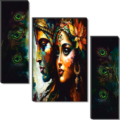 saf Abstract Radha Krishna with Peacock Feather Wall Painting Digital Reprint 18 inch x 12 inch Painting(Without Frame, Pack of 3)