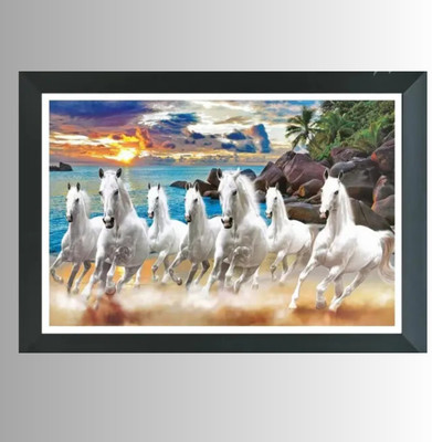 Mojopix 7 White Horses Running Photo Frame | Vastu Decorative Wall Art for Home & Office Digital Reprint 9 inch x 12 inch Painting(With Frame)