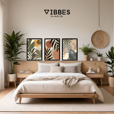 VIBBES Modern Botanical Abstract Wall Art - Nature-Inspired Wall Painting Without Glass Digital Reprint 14 inch x 10 inch Painting(With Frame, Pack of 3)