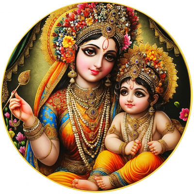 bareth brothers Divine Yashoda Maa with Bal Krishna Resin Wall Frame – 12 inch Round Digital Reprint 12 inch x 12 inch Painting(With Frame)