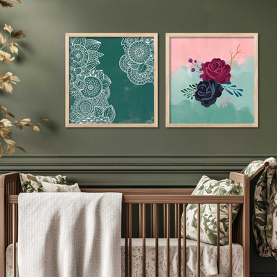 KOTART Floral Wall Art Home Decor Wall Painting For Living Room Office Bedroom Digital Reprint 13 inch x 13 inch Painting(With Frame, Pack of 2)