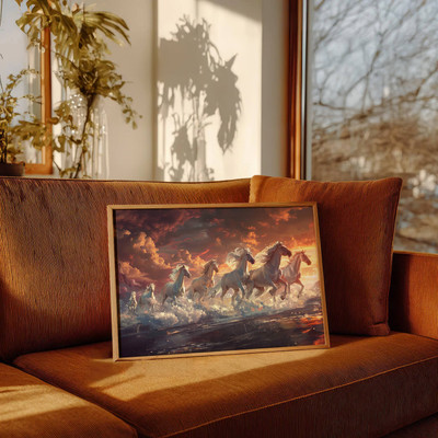 DECO THE HOME 7 White Horses Vastu Art Frame | Running Horses Wall Painting for Home Digital Reprint 12 inch x 9 inch Painting(With Frame)