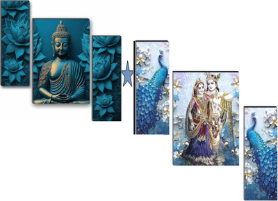 HALRE Set Of 2 Lord Buddha With Radha Krishna Wall Paintings For Living Room Digital Reprint 12 inch x 18 inch Painting(Without Frame, Pack of 2)