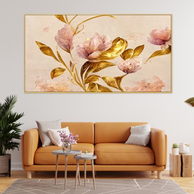 Dekorstation Pink Flower with Golden Leaf Canvas Painting for Wall Décor Art Print with Frame Canvas 24 inch x 48 inch Painting(With Frame)