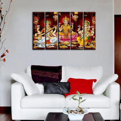 Dekorstation Divine Laxmi Ganesha with Saraswati Religious Multi Frame Canvas Wall Painting Canvas 24 inch x 44 inch Painting(With Frame)