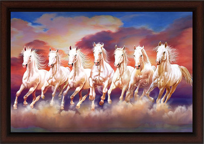 Masstone Seven Running Horse Vastu UV textured Framed Digital Reprint 14 inch x 20 inch Painting(With Frame)