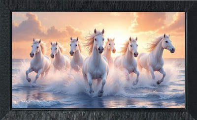 Tasvirra Horses Running Through Ocean Vastu Wall Art for Office & Home Decor Digital Reprint 12 inch x 9 inch Painting(With Frame)